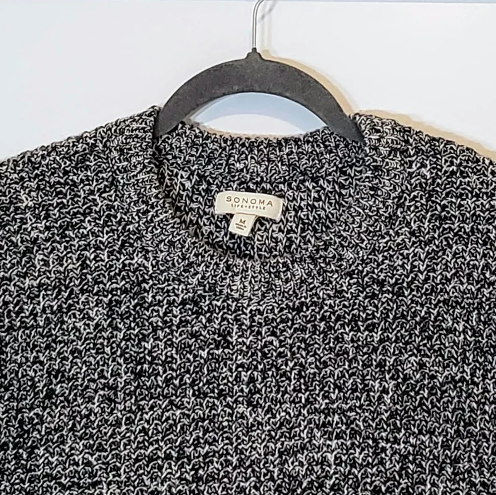 Sonoma Marled Crewneck Sweater Pullover Black White Knit Patch Elbows Sz Medium